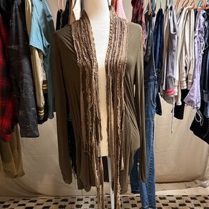 BKE Olive and Tan Cardigan with Fringe